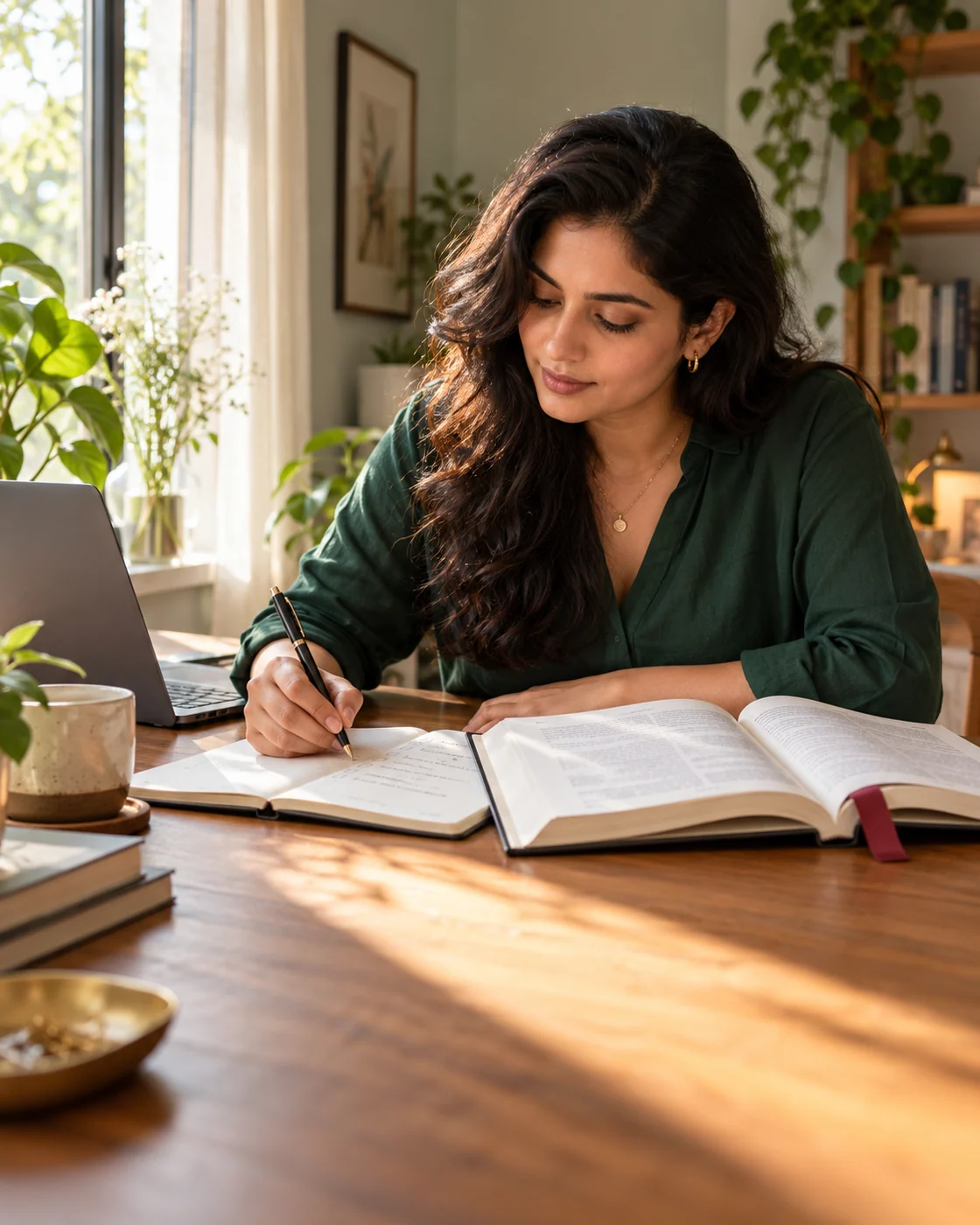 A reader using an open book to plan a practical priority in her journal at a sunlit workspace