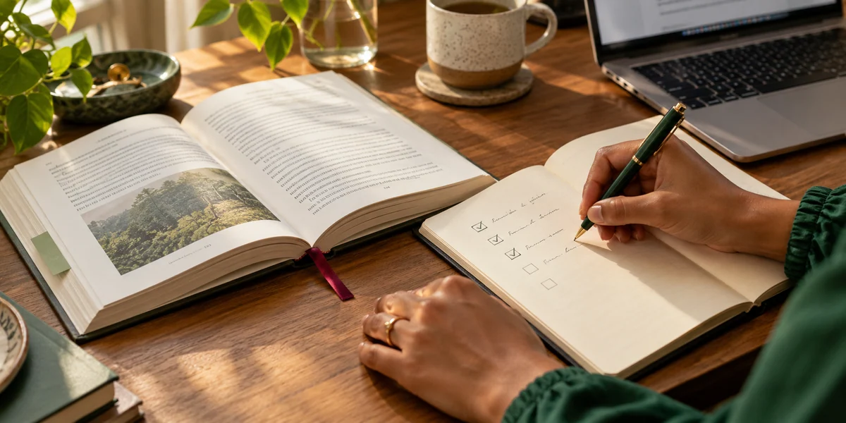 A reader putting a book lesson into practice by checking items in a journal beside an open book